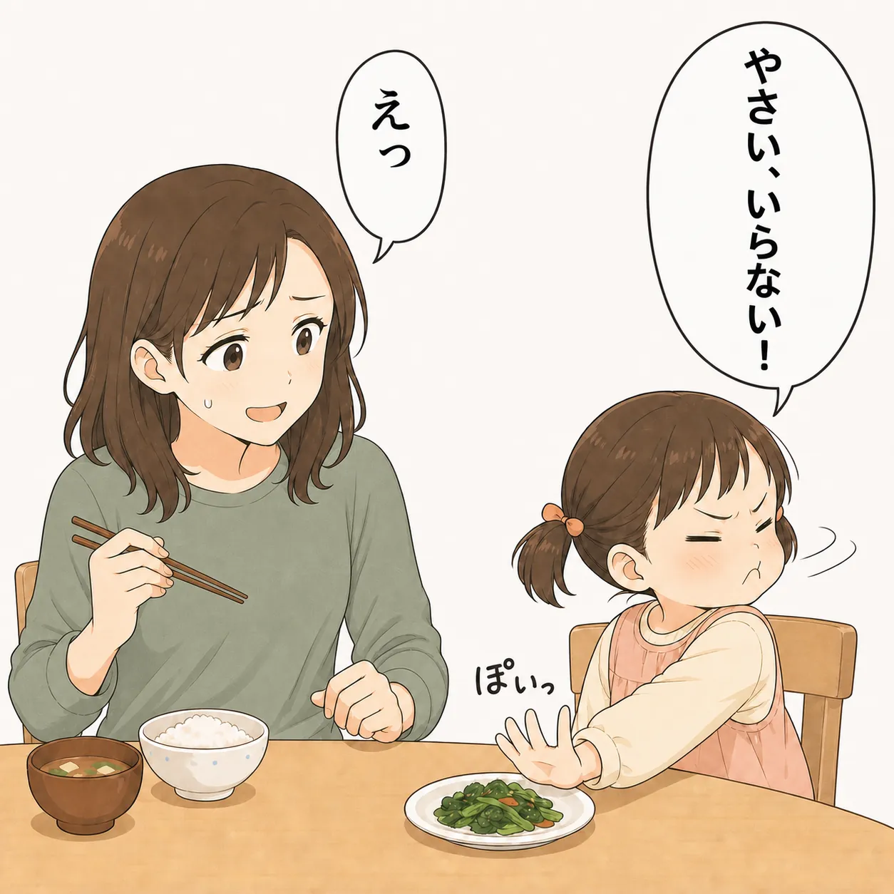 空の茶碗と手つかずの野菜の食卓。子どもが「やさい、いらない！」と言い、母は「えっ」と驚く。野菜は小さく「ぽいっ」と放られる