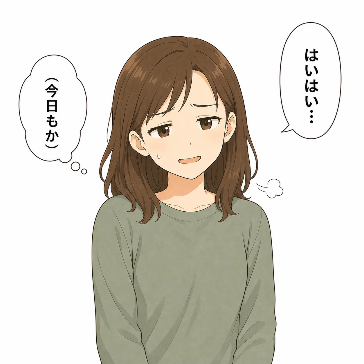 母が「はいはい…」と応じながら、心の中で「（今日もか）」とつぶやく