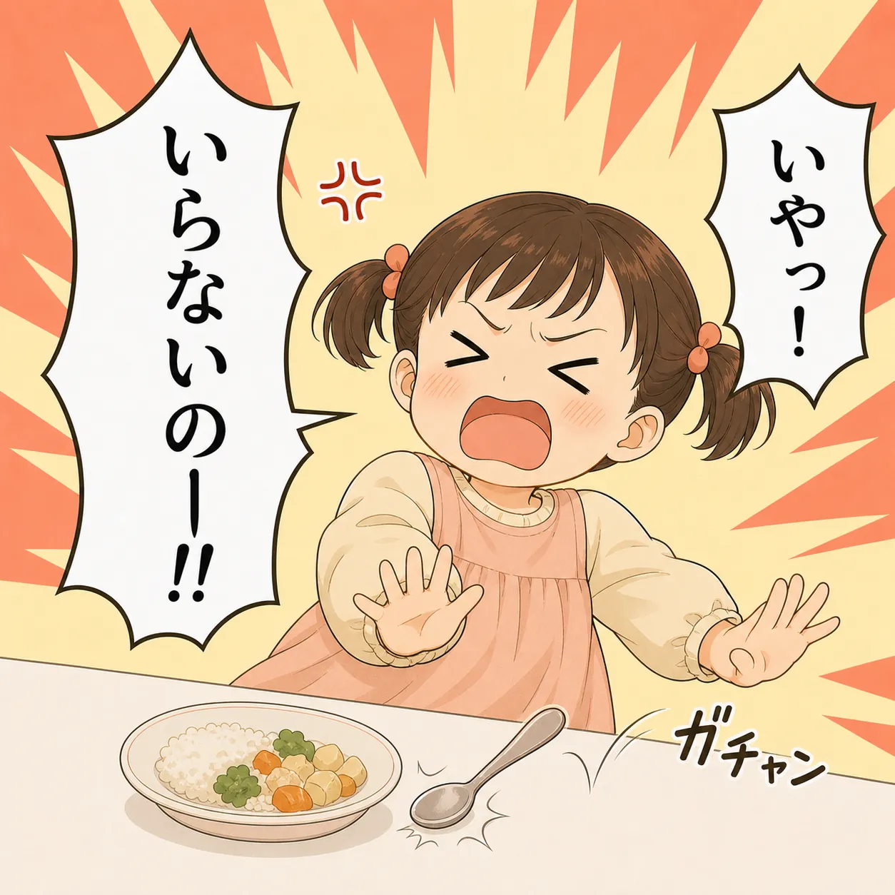 子どもが「いやっ！」「いらないのー！！」と泣き、ガチャンと食器の音が響く