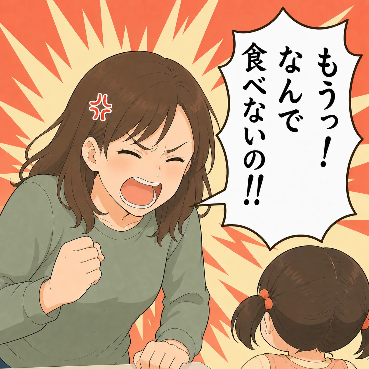 母が「もうっ！」「なんで」「食べないの！！」と声を荒らげる