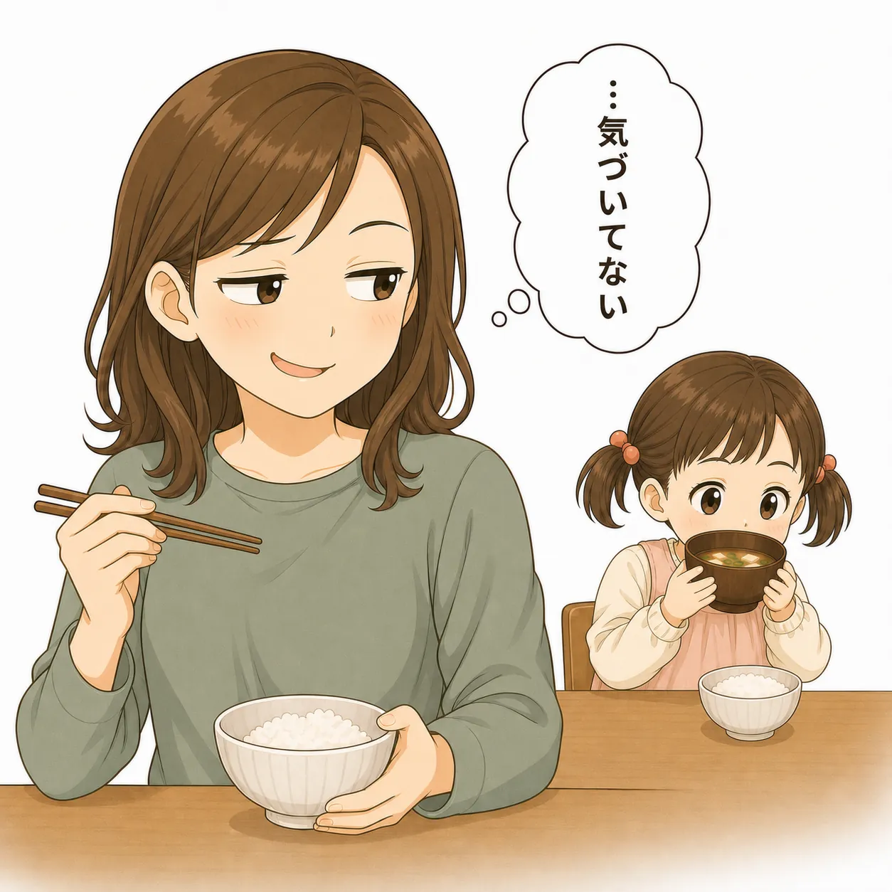 味噌汁を飲む子どもを横目に、母が「…気づいてない」といたずらっぽく心の中でつぶやく